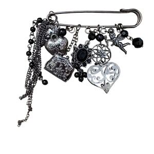 Gothic Gunmetal Multi Charm Safety Pin Brooch Hearts Cherub Black Beads Tassels